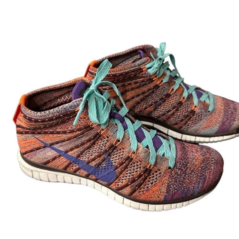 Nike Flyknit Chukka Multicolor Knit Sneakers Teal Laces Purple Swoosh Women’s 8
